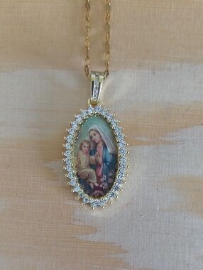 Gold Oval Virgin Mary Pendant Necklace with Blue Accents